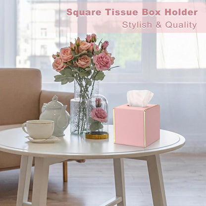 PU Square Tissue Box Cover, Magnetic Bottom, Waterproof, Pink