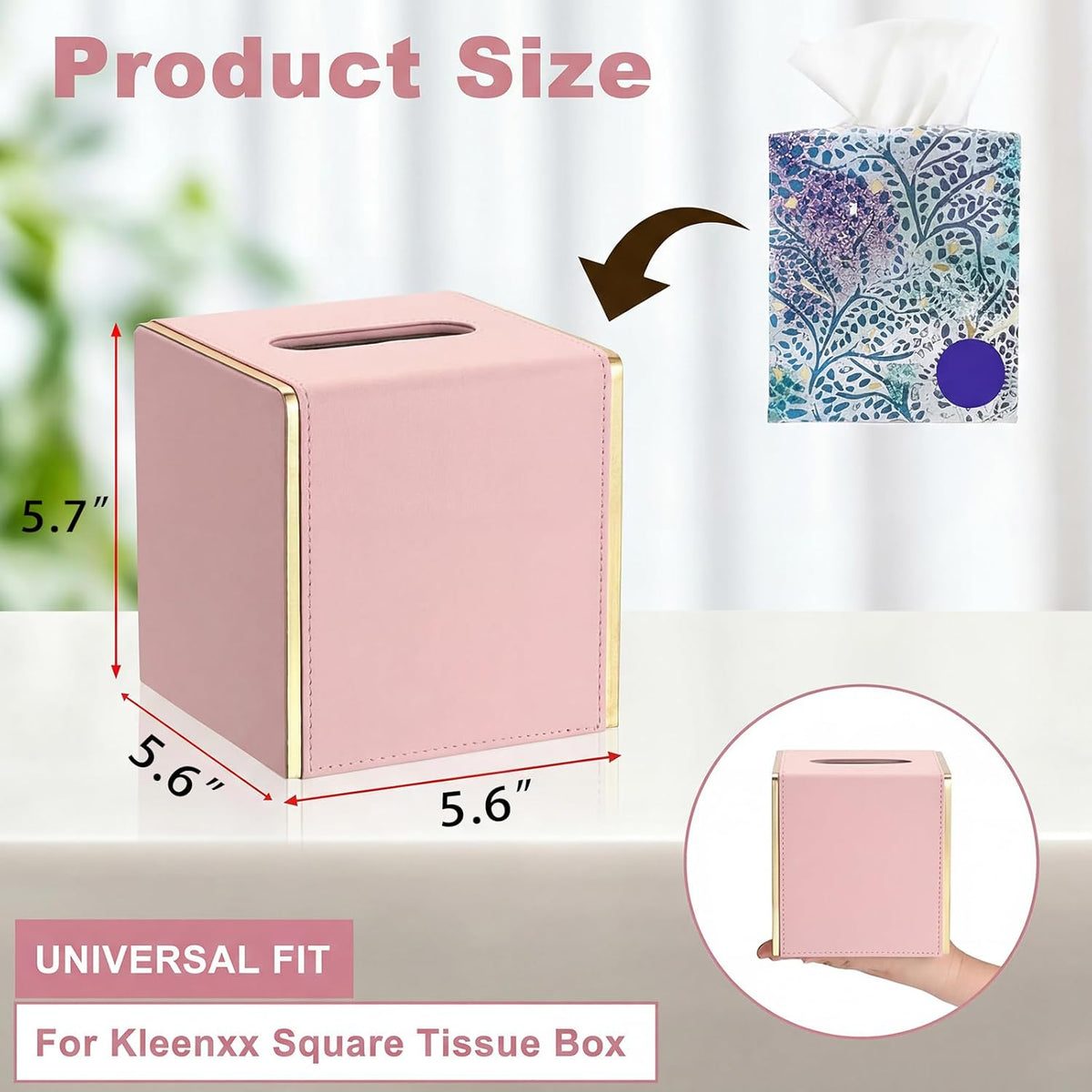 PU Square Tissue Box Cover, Magnetic Bottom, Waterproof, Pink