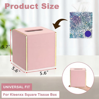 PU Square Tissue Box Cover, Magnetic Bottom, Waterproof, Pink