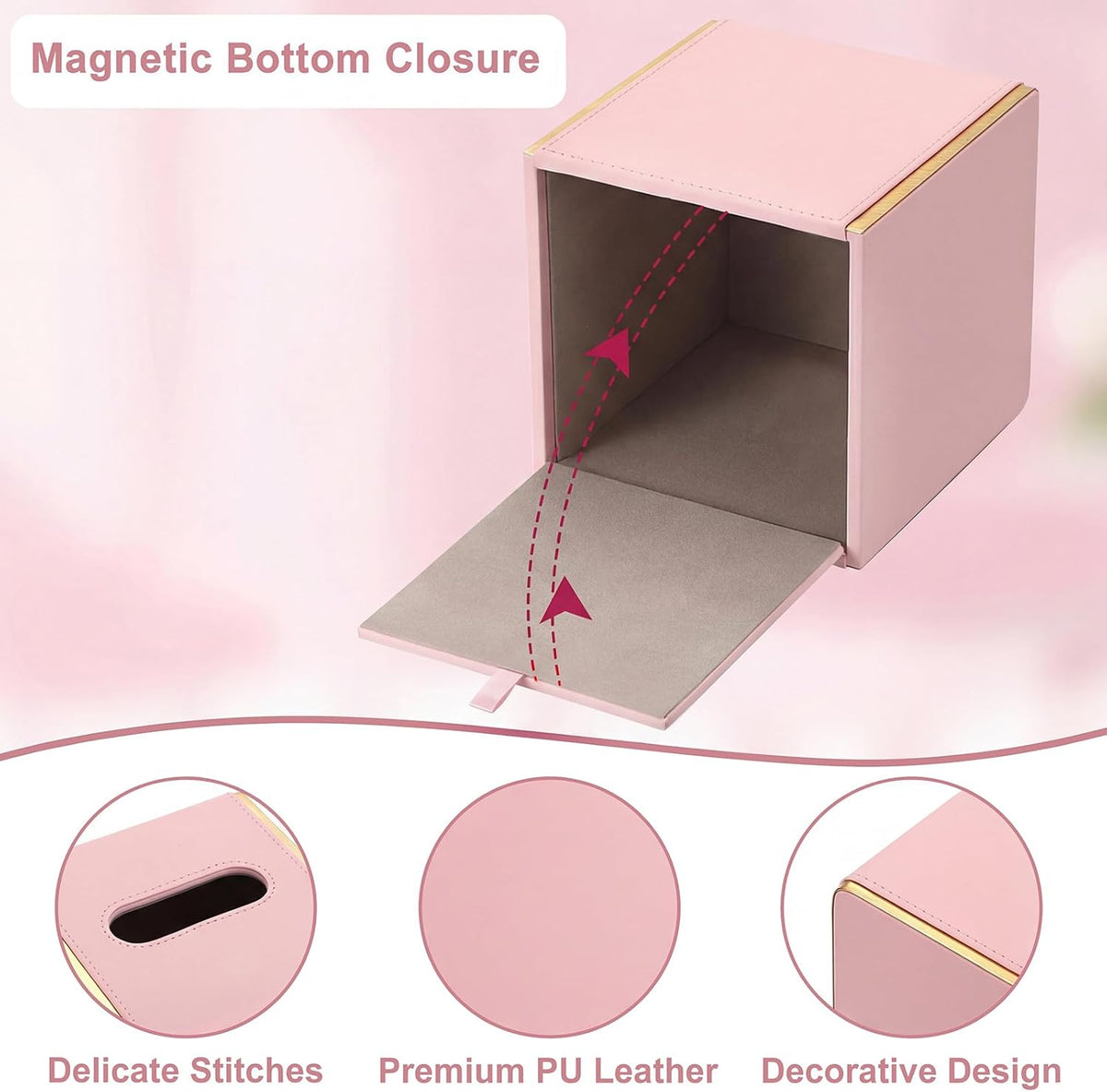 PU Square Tissue Box Cover, Magnetic Bottom, Waterproof, Pink