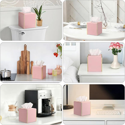 PU Square Tissue Box Cover, Magnetic Bottom, Waterproof, Pink