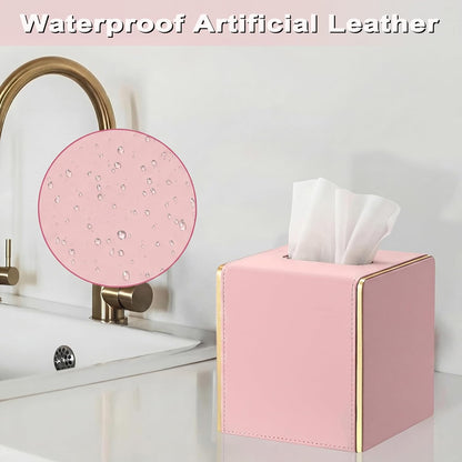 PU Square Tissue Box Cover, Magnetic Bottom, Waterproof, Pink