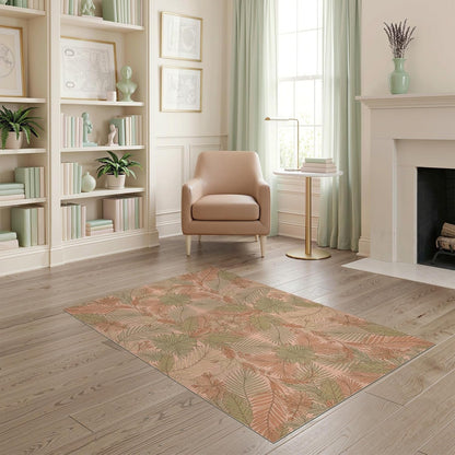 4'x6' Washable Modern Botanical Area Rug, Peach Flatwoven Floor Mat Non-Slip Chair-Friendly Carpet for Home Office, Gaming Room, Under Desk | Ref:2167497