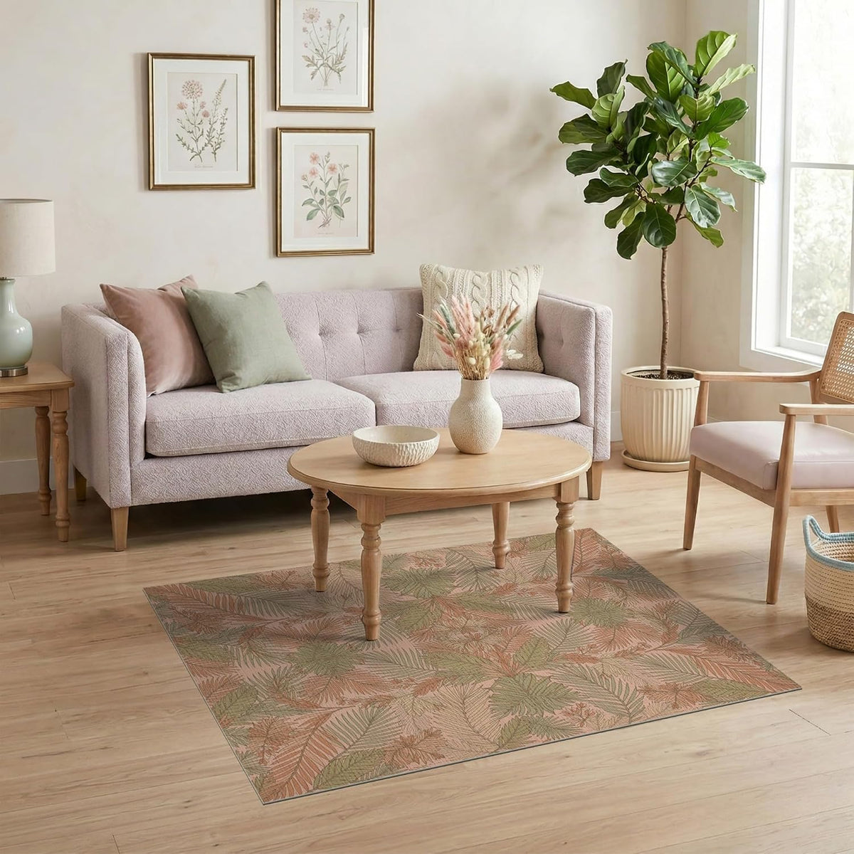 4'x6' Washable Modern Botanical Area Rug, Peach Flatwoven Floor Mat Non-Slip Chair-Friendly Carpet for Home Office, Gaming Room, Under Desk | Ref:2167497
