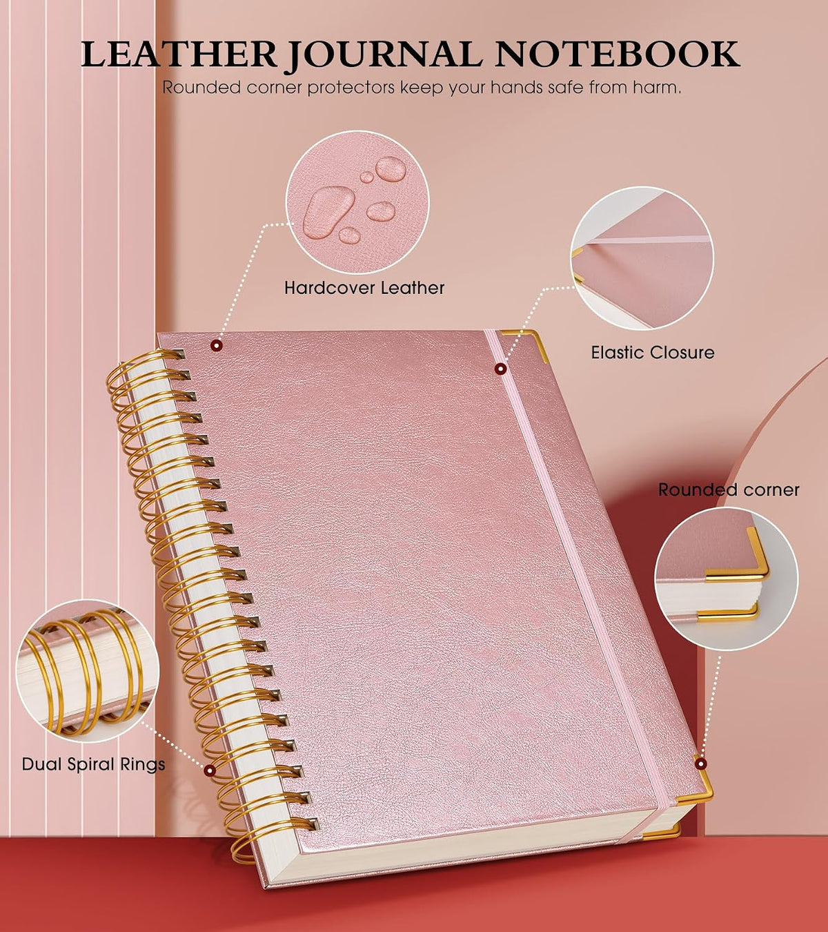 Spiral Notebook Journal 5.75” x 8.38”, 300 Pages Hardcover Leather Lined Journals for Women Men, A5 Small College Ruled Notebooks with 100 GSM Thick Paper, Spiral Journal for Writing Work School, Pink