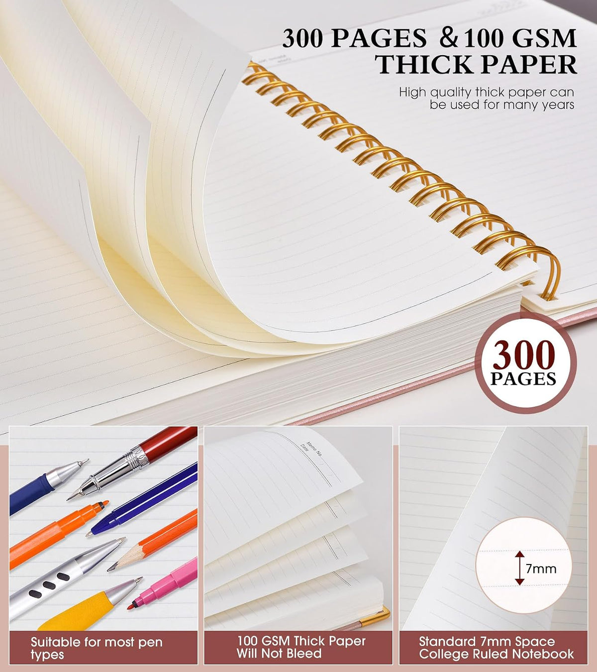 Spiral Notebook Journal 5.75” x 8.38”, 300 Pages Hardcover Leather Lined Journals for Women Men, A5 Small College Ruled Notebooks with 100 GSM Thick Paper, Spiral Journal for Writing Work School, Pink