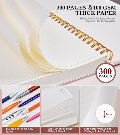Spiral Notebook Journal 5.75” x 8.38”, 300 Pages Hardcover Leather Lined Journals for Women Men, A5 Small College Ruled Notebooks with 100 GSM Thick Paper, Spiral Journal for Writing Work School, Pink