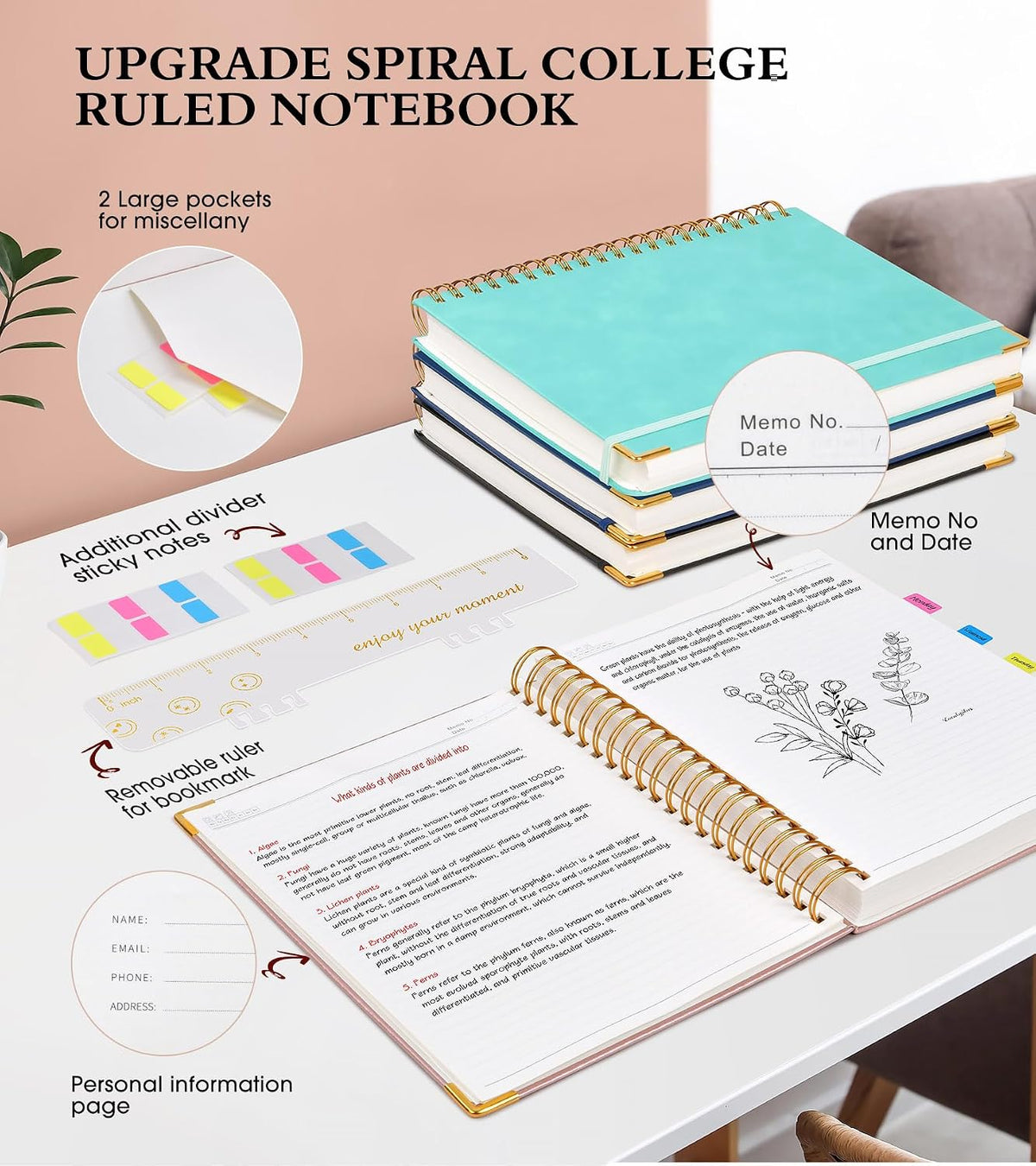 Spiral Notebook Journal 5.75” x 8.38”, 300 Pages Hardcover Leather Lined Journals for Women Men, A5 Small College Ruled Notebooks with 100 GSM Thick Paper, Spiral Journal for Writing Work School, Pink