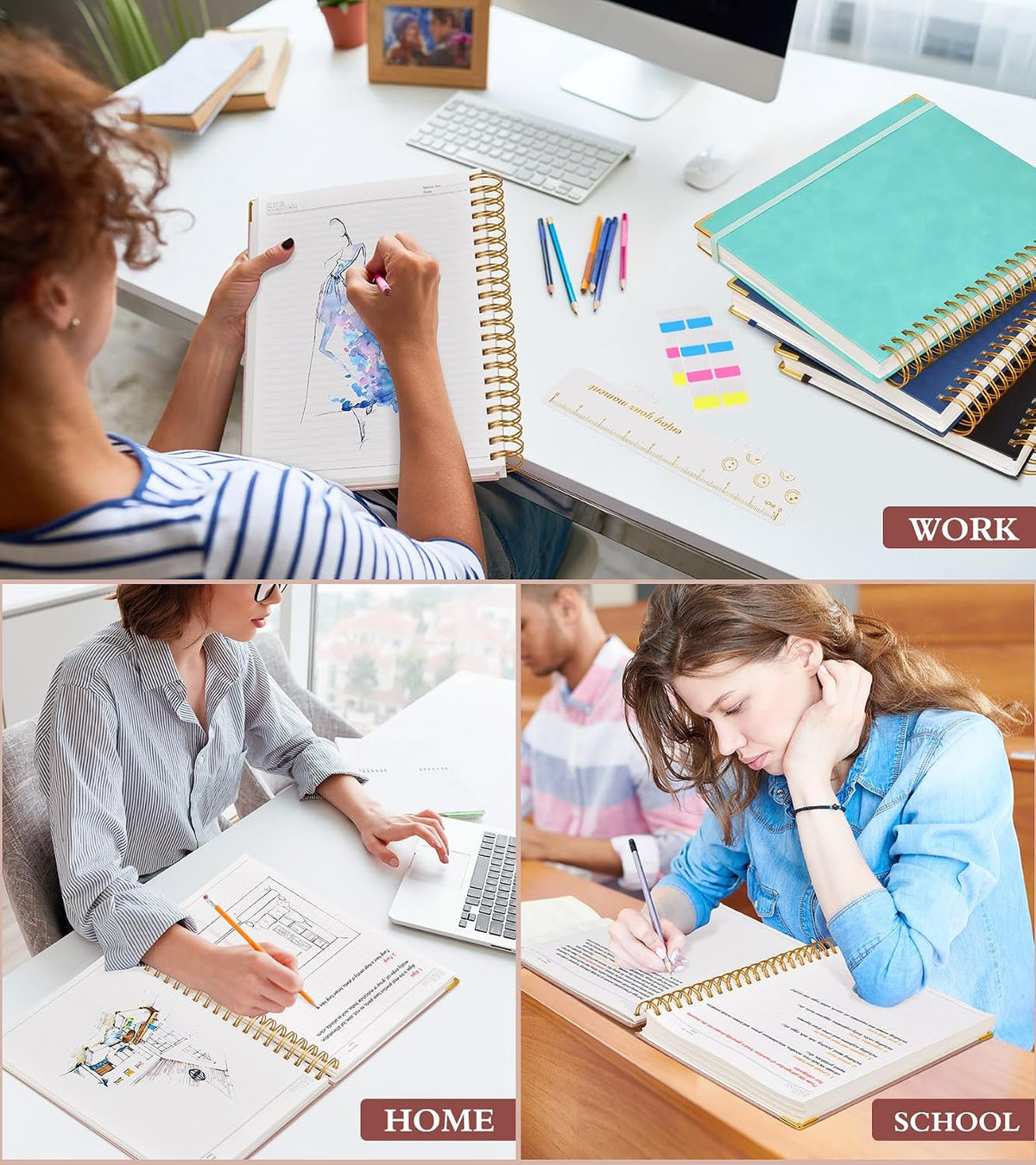 Spiral Notebook Journal 5.75” x 8.38”, 300 Pages Hardcover Leather Lined Journals for Women Men, A5 Small College Ruled Notebooks with 100 GSM Thick Paper, Spiral Journal for Writing Work School, Pink