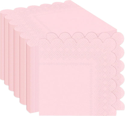 100 Pieces 2-Ply Light Pink Scalloped Napkins Folded 5 x 5 inch Disposable Cocktail Napkins Paper Napkins for Dinner Wedding Birthday Baby Shower Party Pink Beverage Napkins