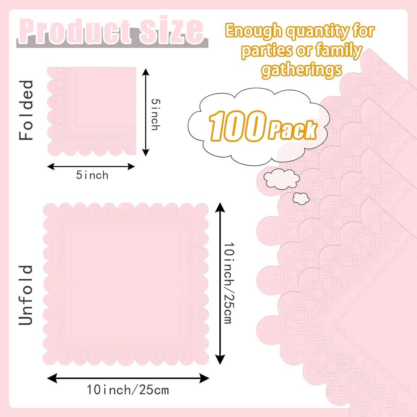 100 Pieces 2-Ply Light Pink Scalloped Napkins Folded 5 x 5 inch Disposable Cocktail Napkins Paper Napkins for Dinner Wedding Birthday Baby Shower Party Pink Beverage Napkins