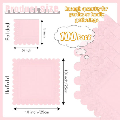100 Pieces 2-Ply Light Pink Scalloped Napkins Folded 5 x 5 inch Disposable Cocktail Napkins Paper Napkins for Dinner Wedding Birthday Baby Shower Party Pink Beverage Napkins