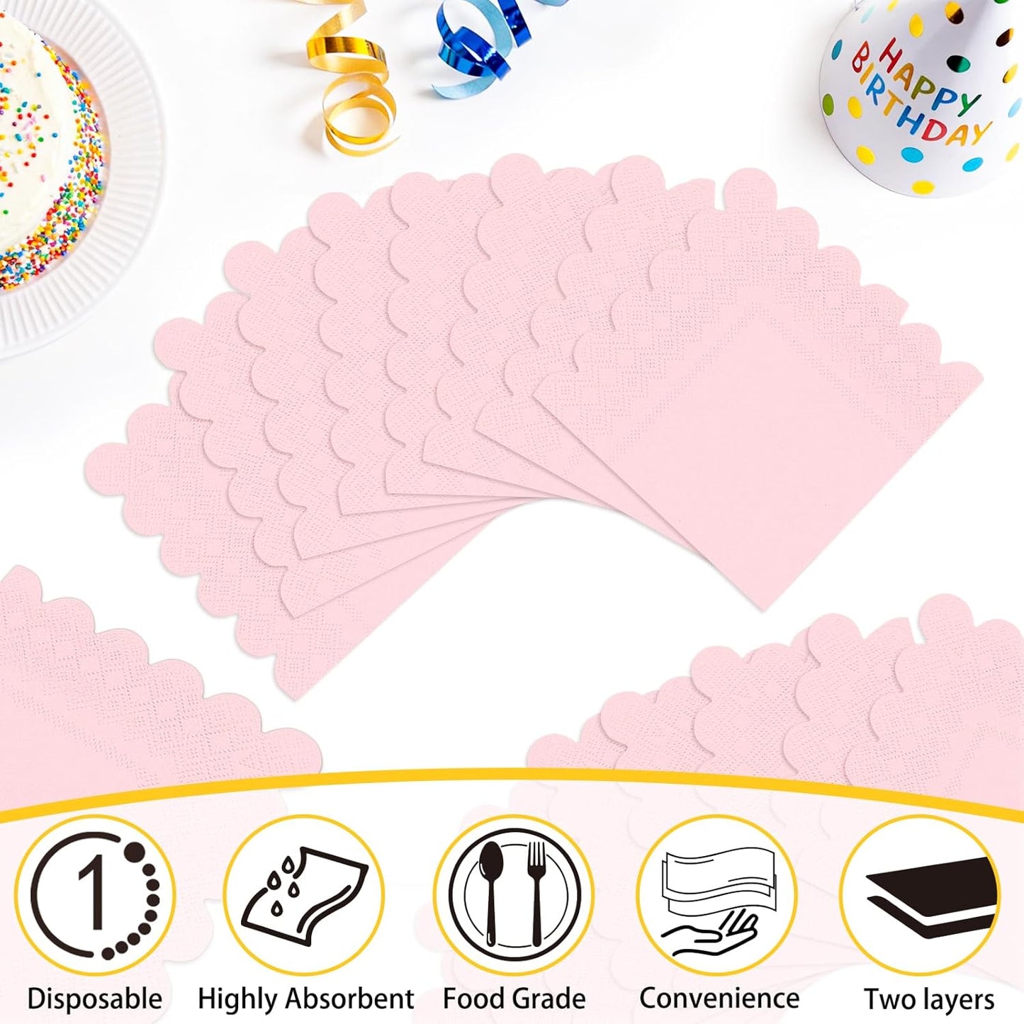 100 Pieces 2-Ply Light Pink Scalloped Napkins Folded 5 x 5 inch Disposable Cocktail Napkins Paper Napkins for Dinner Wedding Birthday Baby Shower Party Pink Beverage Napkins