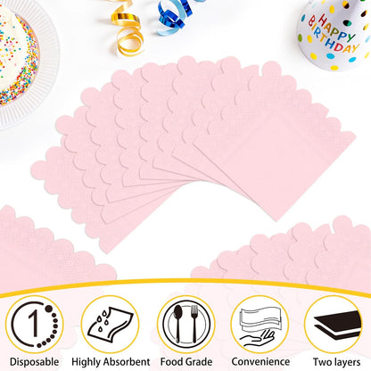 100 Pieces 2-Ply Light Pink Scalloped Napkins Folded 5 x 5 inch Disposable Cocktail Napkins Paper Napkins for Dinner Wedding Birthday Baby Shower Party Pink Beverage Napkins