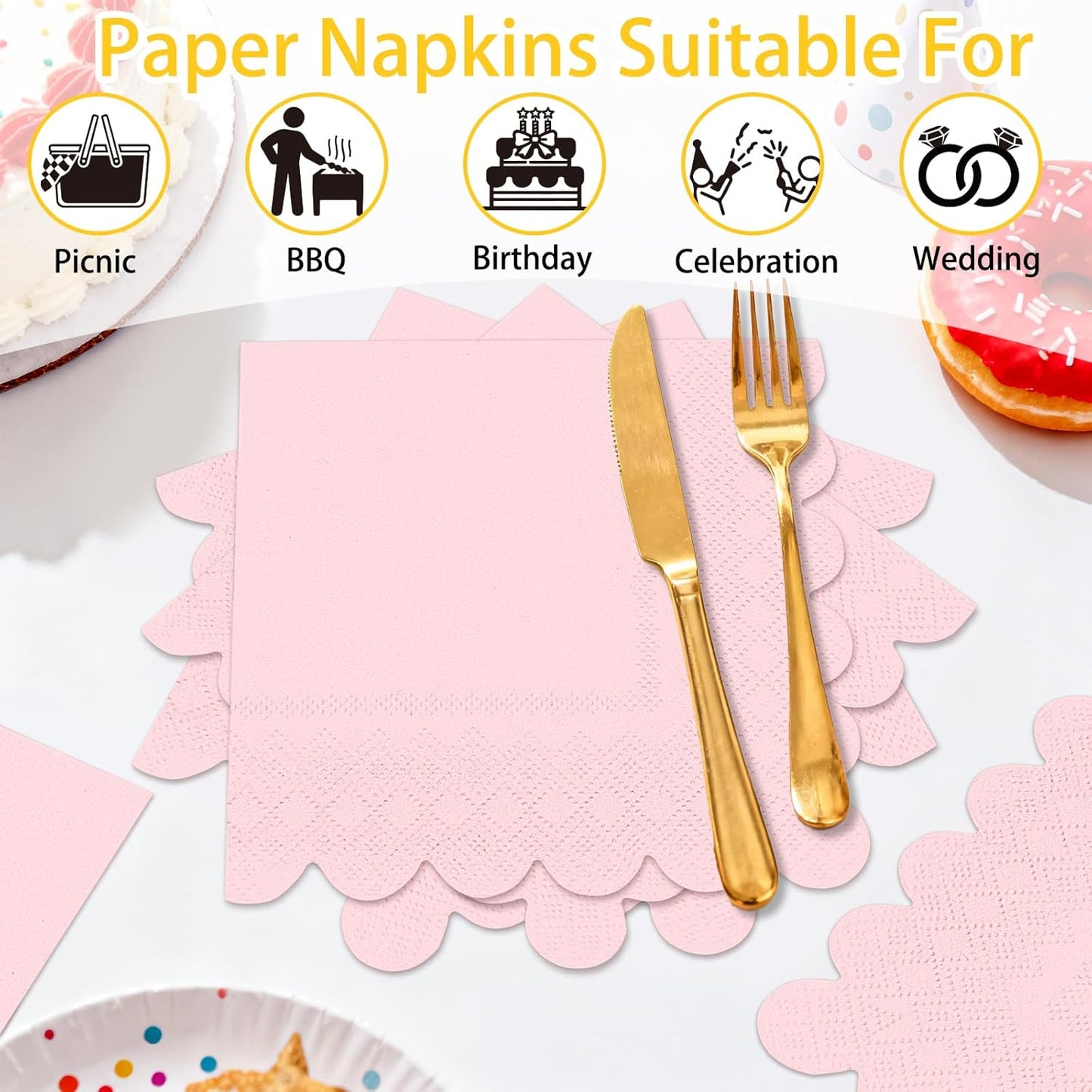 100 Pieces 2-Ply Light Pink Scalloped Napkins Folded 5 x 5 inch Disposable Cocktail Napkins Paper Napkins for Dinner Wedding Birthday Baby Shower Party Pink Beverage Napkins