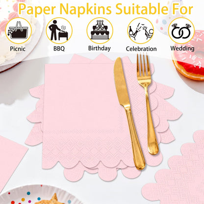 100 Pieces 2-Ply Light Pink Scalloped Napkins Folded 5 x 5 inch Disposable Cocktail Napkins Paper Napkins for Dinner Wedding Birthday Baby Shower Party Pink Beverage Napkins
