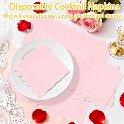 100 Pieces 2-Ply Light Pink Scalloped Napkins Folded 5 x 5 inch Disposable Cocktail Napkins Paper Napkins for Dinner Wedding Birthday Baby Shower Party Pink Beverage Napkins