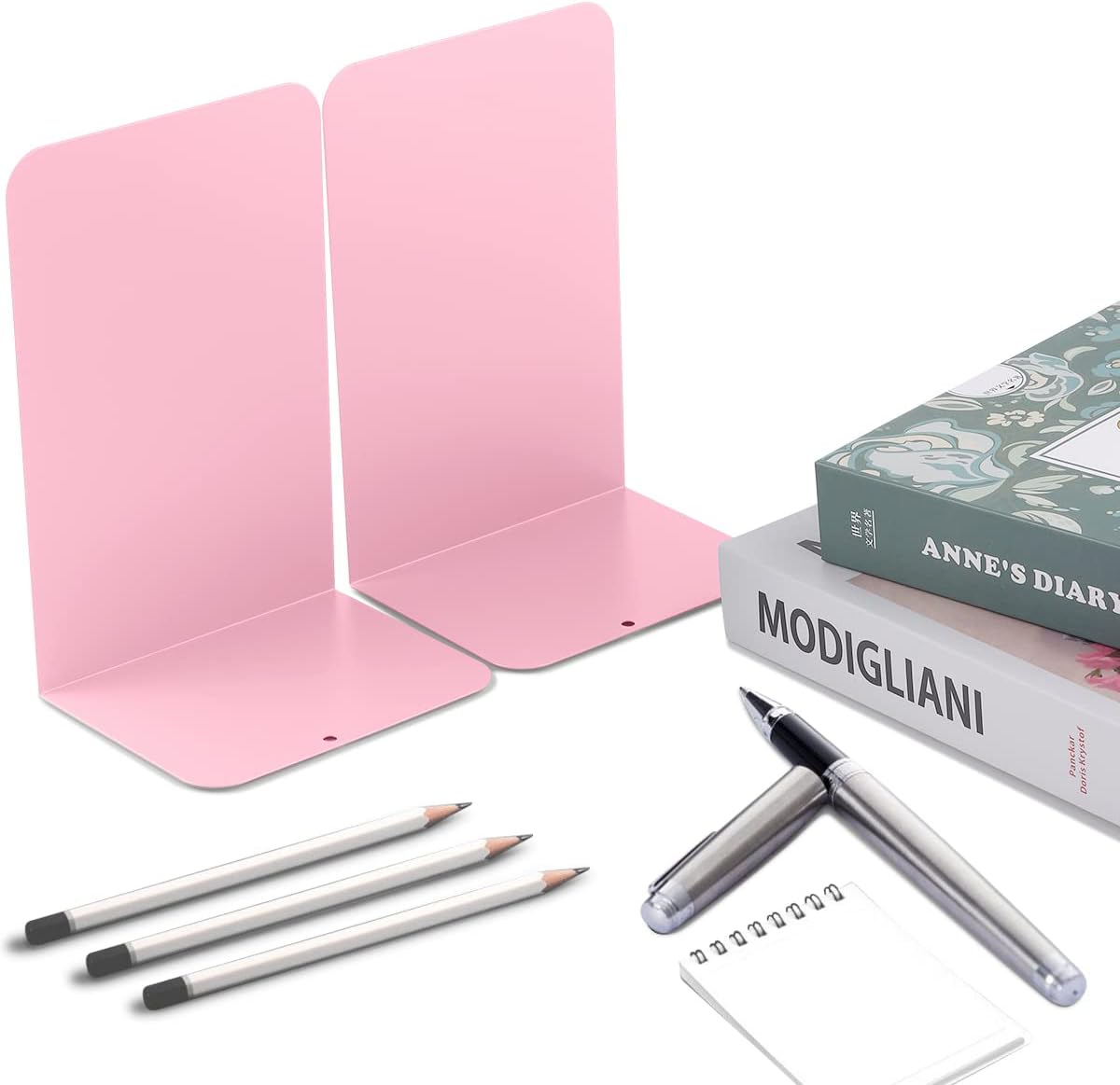 MSDADA Bookends, Book Ends for Book Shelves, Book Ends for Heavy Books,Metal Bookend Supports, Modern Minimalist Style Bookend, Pink(4Pairs)