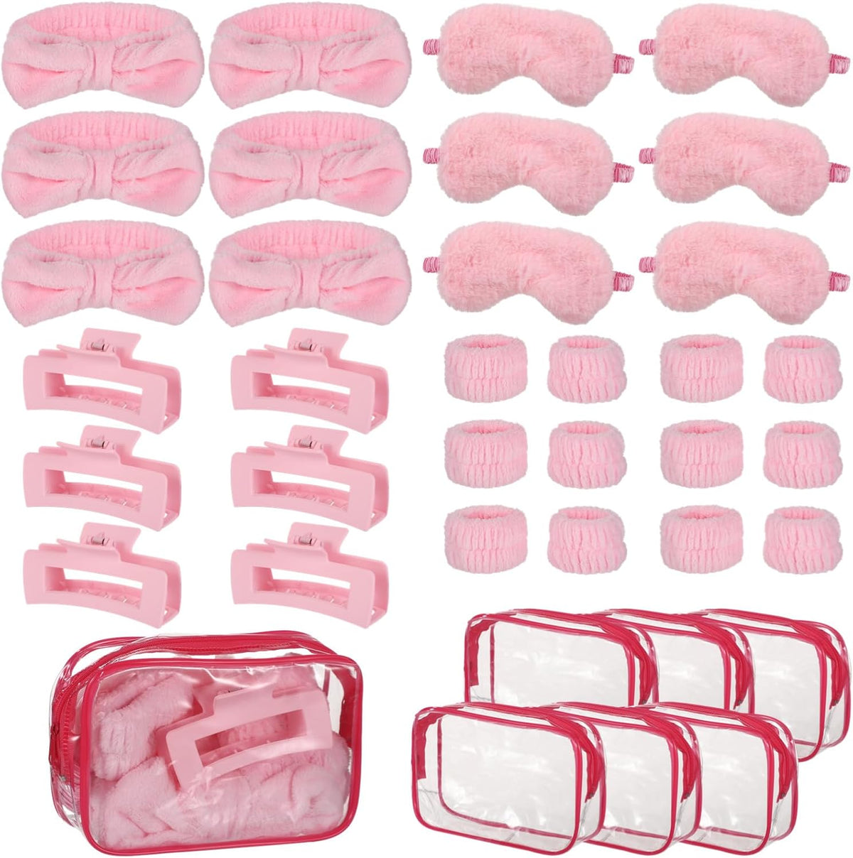 6 Sets Pink Party Favors, Sleepover Spa Party Supplies with Eye Covers, Headbands, Claw Clips, Wristbands and Cosmetic Bags, Slumber Party Accessories
