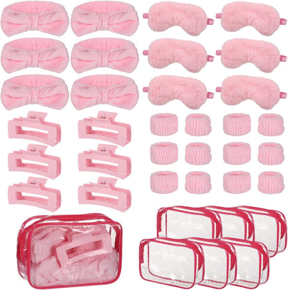 6 Sets Pink Party Favors, Sleepover Spa Party Supplies with Eye Covers, Headbands, Claw Clips, Wristbands and Cosmetic Bags, Slumber Party Accessories