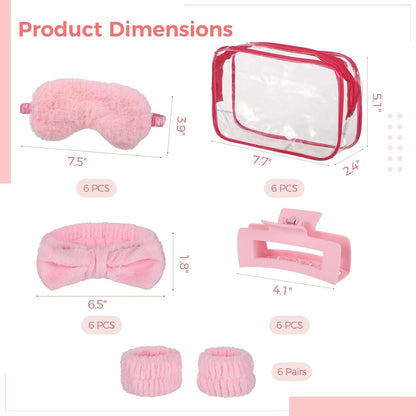 6 Sets Pink Party Favors, Sleepover Spa Party Supplies with Eye Covers, Headbands, Claw Clips, Wristbands and Cosmetic Bags, Slumber Party Accessories
