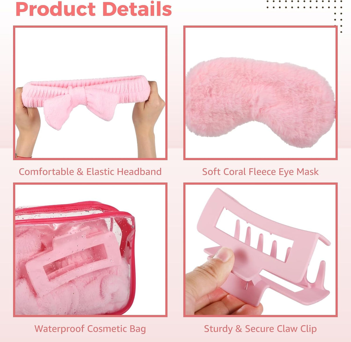6 Sets Pink Party Favors, Sleepover Spa Party Supplies with Eye Covers, Headbands, Claw Clips, Wristbands and Cosmetic Bags, Slumber Party Accessories