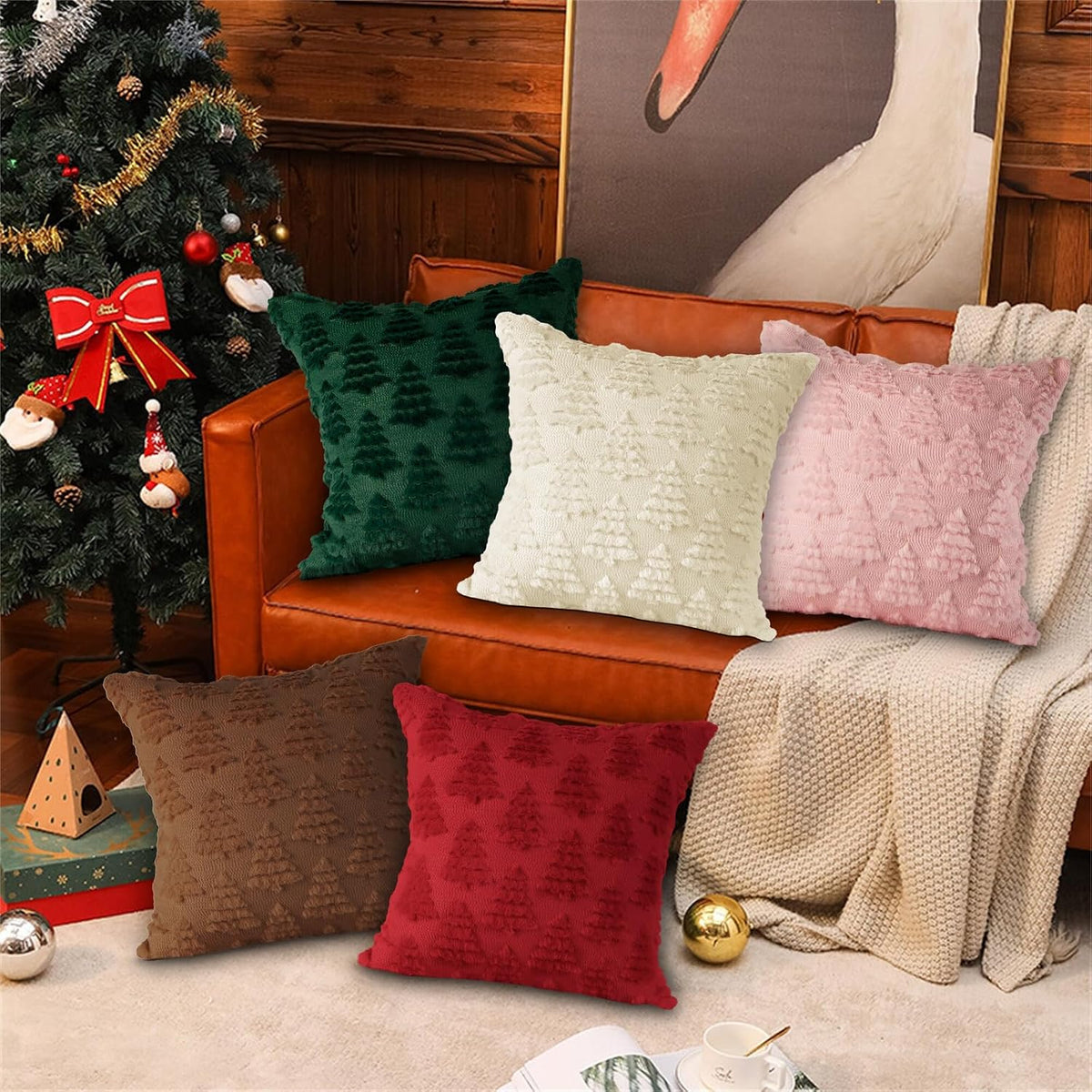 Christmas 18x18 Throw Pillow Covers Set of 2, Winter Christmas Tree Throw Pillow Cases Soft Plush Faux Fur Wool 18 x 18 Winter Cushion Cover for Indoor Home Bedroom Couch Sofa Decor (Pink)