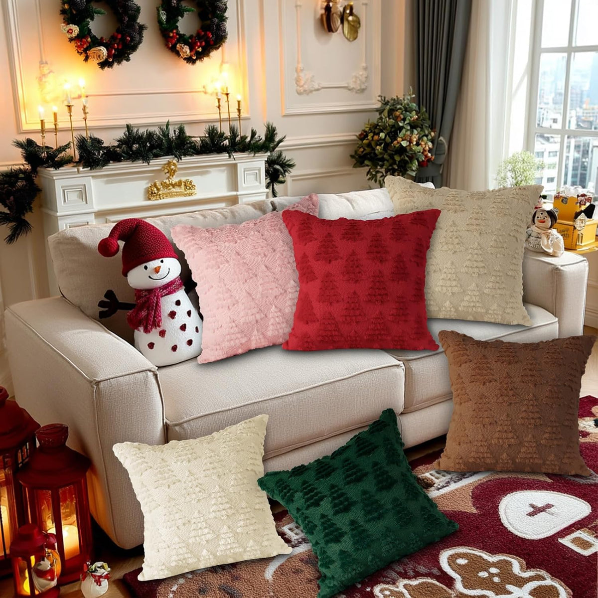 Christmas 18x18 Throw Pillow Covers Set of 2, Winter Christmas Tree Throw Pillow Cases Soft Plush Faux Fur Wool 18 x 18 Winter Cushion Cover for Indoor Home Bedroom Couch Sofa Decor (Pink)