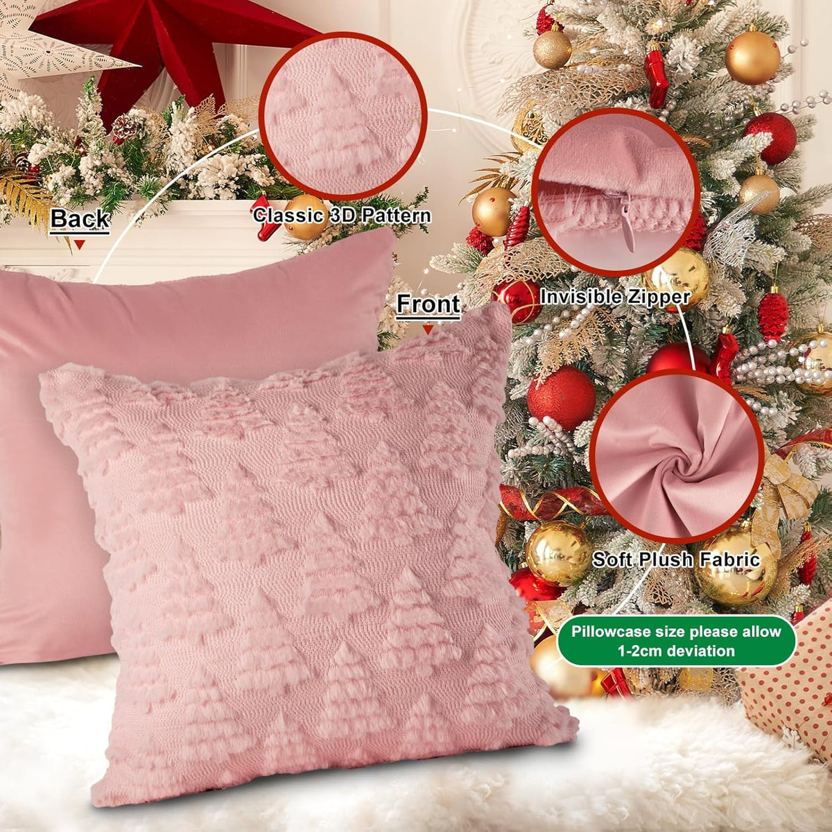 Christmas 18x18 Throw Pillow Covers Set of 2, Winter Christmas Tree Throw Pillow Cases Soft Plush Faux Fur Wool 18 x 18 Winter Cushion Cover for Indoor Home Bedroom Couch Sofa Decor (Pink)