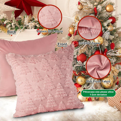 Christmas 18x18 Throw Pillow Covers Set of 2, Winter Christmas Tree Throw Pillow Cases Soft Plush Faux Fur Wool 18 x 18 Winter Cushion Cover for Indoor Home Bedroom Couch Sofa Decor (Pink)