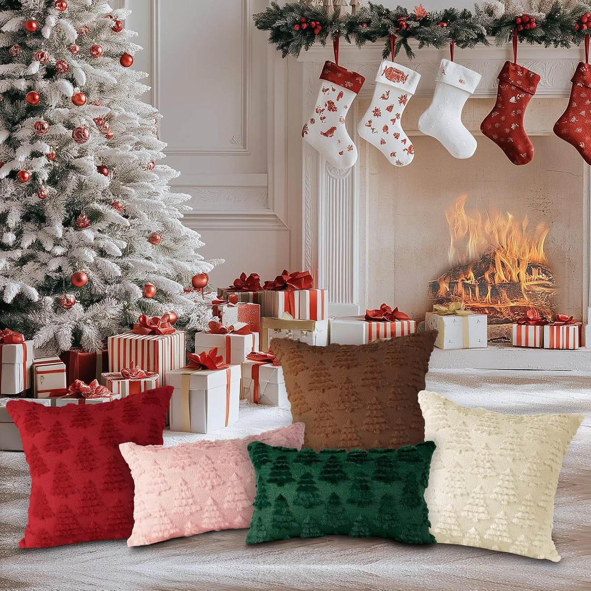 Christmas 18x18 Throw Pillow Covers Set of 2, Winter Christmas Tree Throw Pillow Cases Soft Plush Faux Fur Wool 18 x 18 Winter Cushion Cover for Indoor Home Bedroom Couch Sofa Decor (Pink)