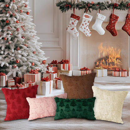 Christmas 18x18 Throw Pillow Covers Set of 2, Winter Christmas Tree Throw Pillow Cases Soft Plush Faux Fur Wool 18 x 18 Winter Cushion Cover for Indoor Home Bedroom Couch Sofa Decor (Pink)
