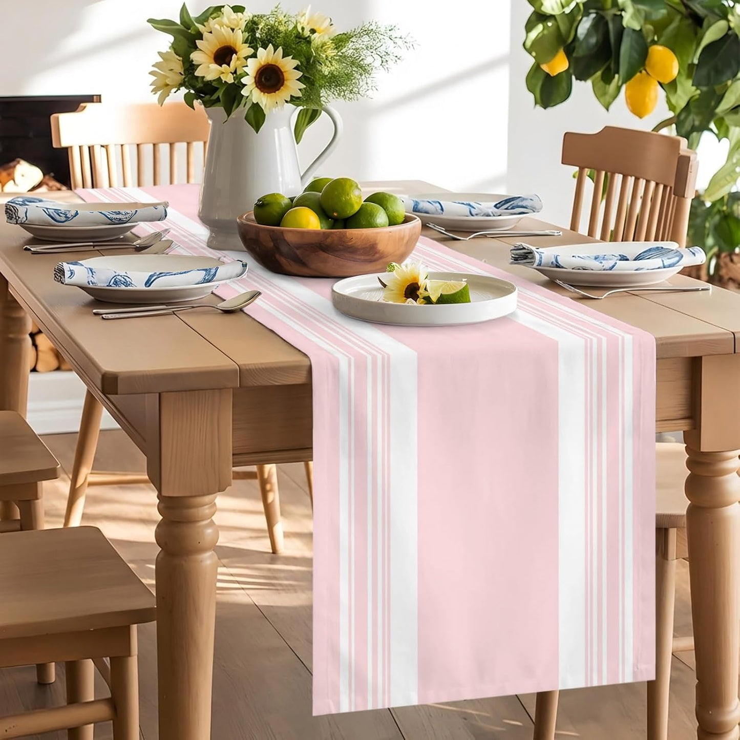 Farmhouse Pink Table Runners 90 Inches Long, Cotton Linen Fabric Table Runner Dresser Scarf, Aesthetic Modern Line Striped Tablerunner for Party/Kitchen/Dinner/Wedding Decor 13"x90"