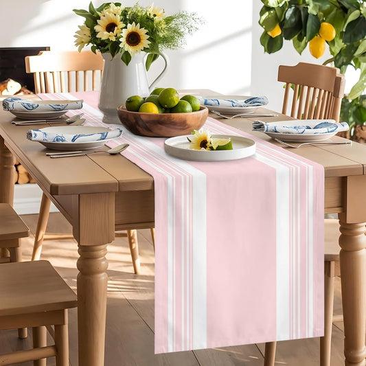 Farmhouse Pink Table Runners 90 Inches Long, Cotton Linen Fabric Table Runner Dresser Scarf, Aesthetic Modern Line Striped Tablerunner for Party/Kitchen/Dinner/Wedding Decor 13"x90"