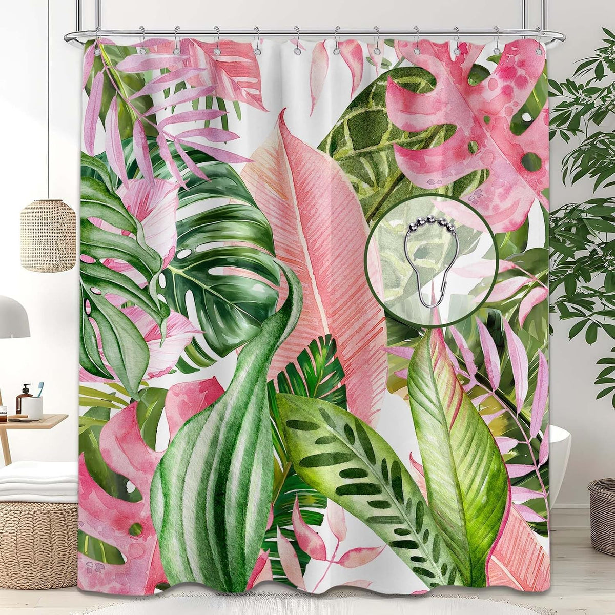 Pink and Green Shower Curtain, 72x72 in, Monstera Palm Tree Leaf