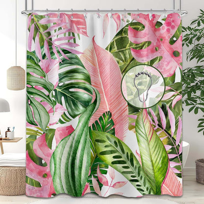 Pink and Green Shower Curtain, 72x72 in, Monstera Palm Tree Leaf