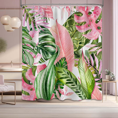 Pink and Green Shower Curtain, 72x72 in, Monstera Palm Tree Leaf