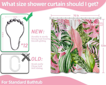 Pink and Green Shower Curtain, 72x72 in, Monstera Palm Tree Leaf