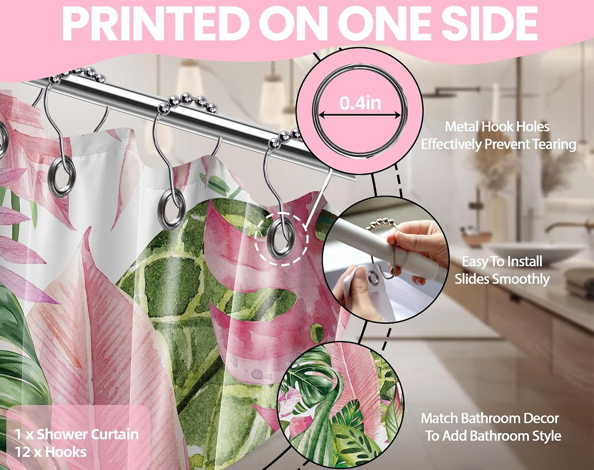 Pink and Green Shower Curtain, 72x72 in, Monstera Palm Tree Leaf