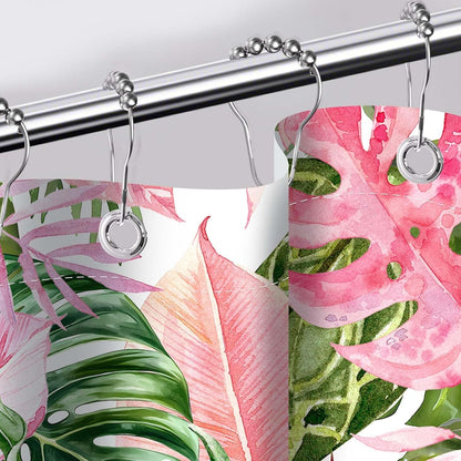 Pink and Green Shower Curtain, 72x72 in, Monstera Palm Tree Leaf