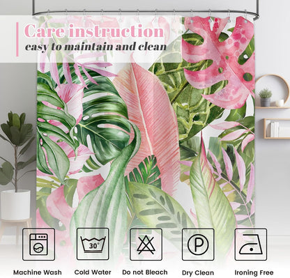 Pink and Green Shower Curtain, 72x72 in, Monstera Palm Tree Leaf