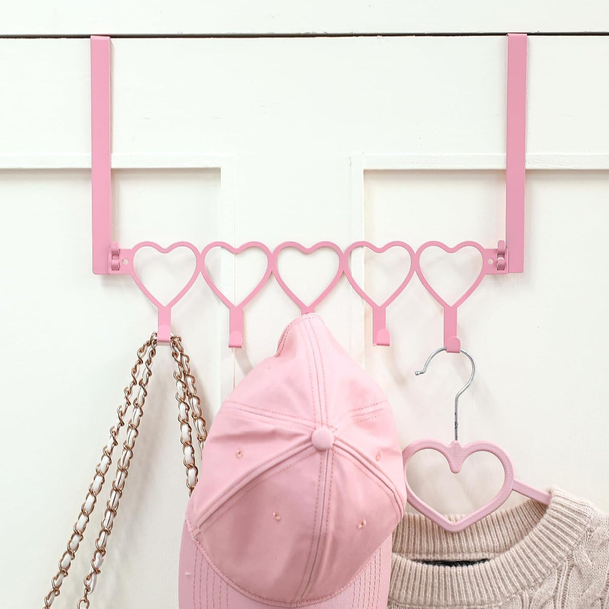 Pink Heart Over Door Towel Rack 5 Hooks Wall Mount Towel Hanger