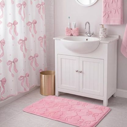 Pink Bow Pink Memory Foam Bath Mat 24''x16'' Bow Bathroom Rug Cute Coquette Bathroom Decor Soft Absorbent Non Slip Aesthetic Bath Carpet for Bathtub Shower Floor Bedroom Living Room