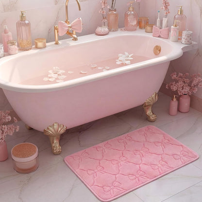 Pink Bow Pink Memory Foam Bath Mat 24''x16'' Bow Bathroom Rug Cute Coquette Bathroom Decor Soft Absorbent Non Slip Aesthetic Bath Carpet for Bathtub Shower Floor Bedroom Living Room