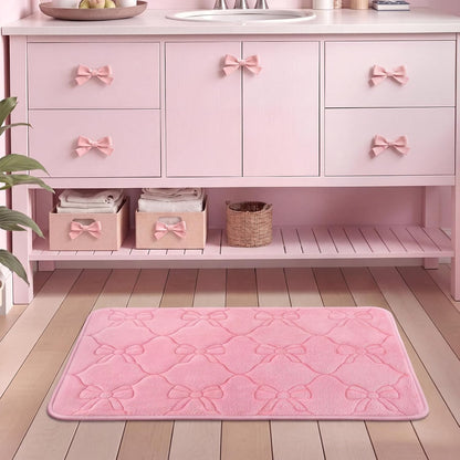 Pink Bow Pink Memory Foam Bath Mat 24''x16'' Bow Bathroom Rug Cute Coquette Bathroom Decor Soft Absorbent Non Slip Aesthetic Bath Carpet for Bathtub Shower Floor Bedroom Living Room