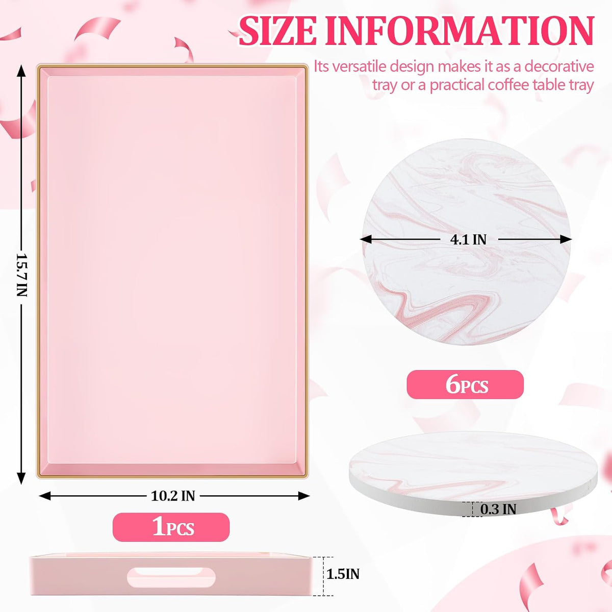 Pink Serving Tray and Coaster Set Contains 1 Pink Rectangular Tray with Handles-15.7 x 10.2 Inch, and 6 Marble Style Coasters, Morden Decorative Platter for Bathroom, Ottoman, Home Decor