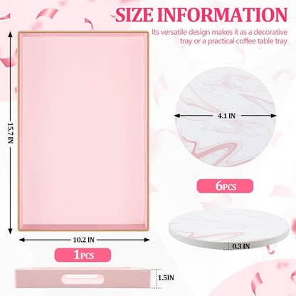 Pink Serving Tray and Coaster Set Contains 1 Pink Rectangular Tray with Handles-15.7 x 10.2 Inch, and 6 Marble Style Coasters, Morden Decorative Platter for Bathroom, Ottoman, Home Decor