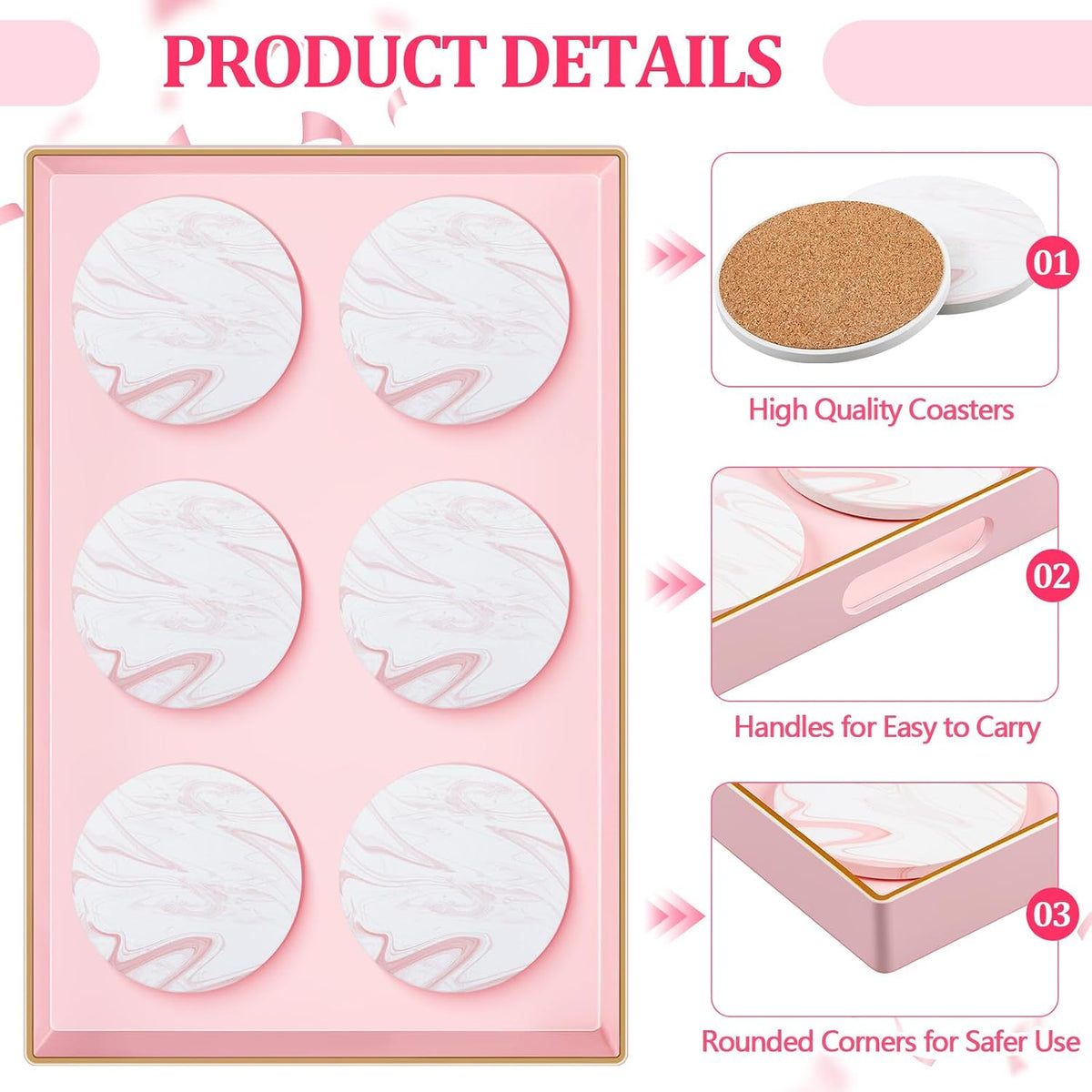 Pink Serving Tray and Coaster Set Contains 1 Pink Rectangular Tray with Handles-15.7 x 10.2 Inch, and 6 Marble Style Coasters, Morden Decorative Platter for Bathroom, Ottoman, Home Decor