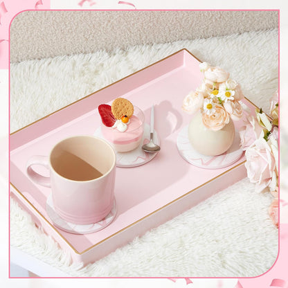 Pink Serving Tray and Coaster Set Contains 1 Pink Rectangular Tray with Handles-15.7 x 10.2 Inch, and 6 Marble Style Coasters, Morden Decorative Platter for Bathroom, Ottoman, Home Decor