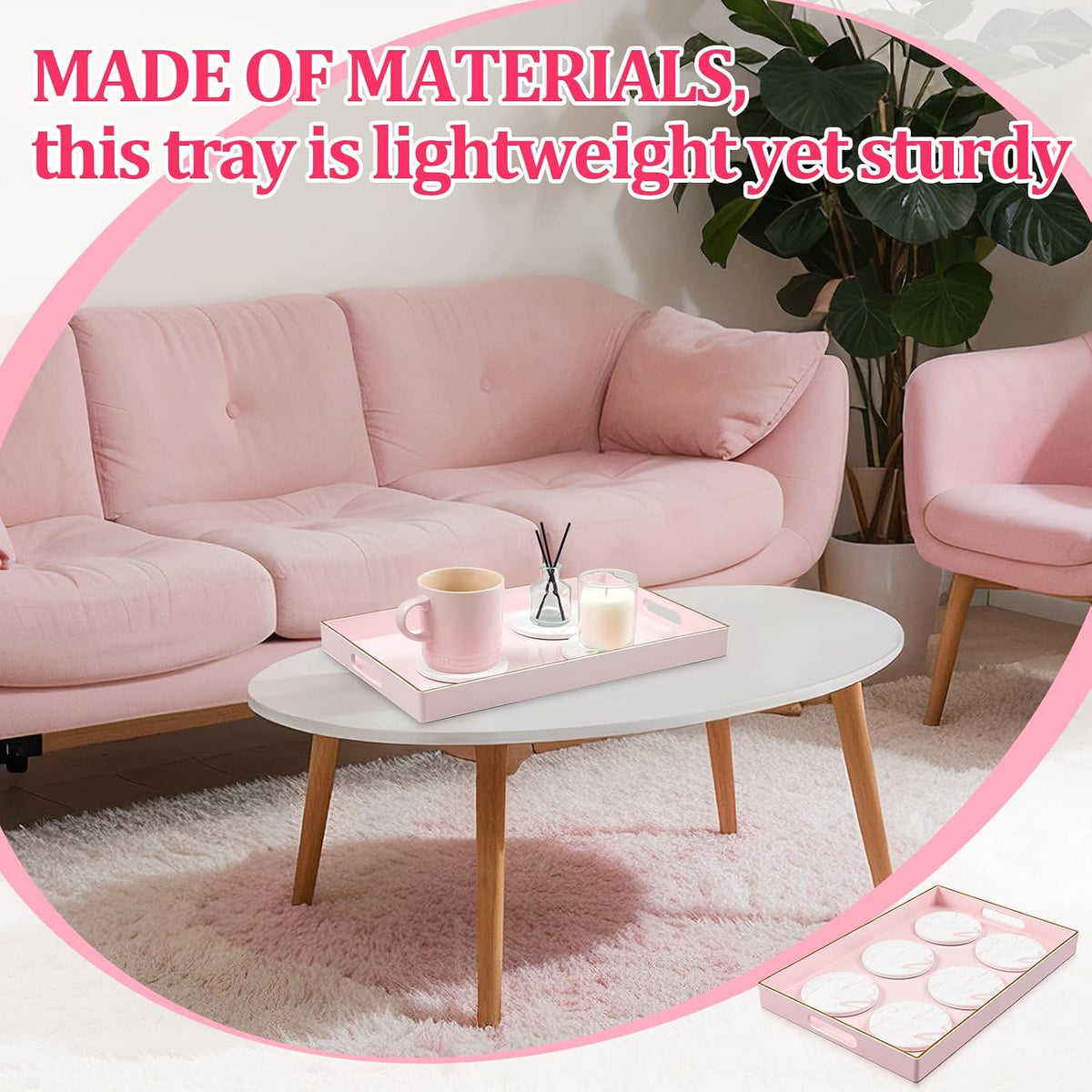 Pink Serving Tray and Coaster Set Contains 1 Pink Rectangular Tray with Handles-15.7 x 10.2 Inch, and 6 Marble Style Coasters, Morden Decorative Platter for Bathroom, Ottoman, Home Decor